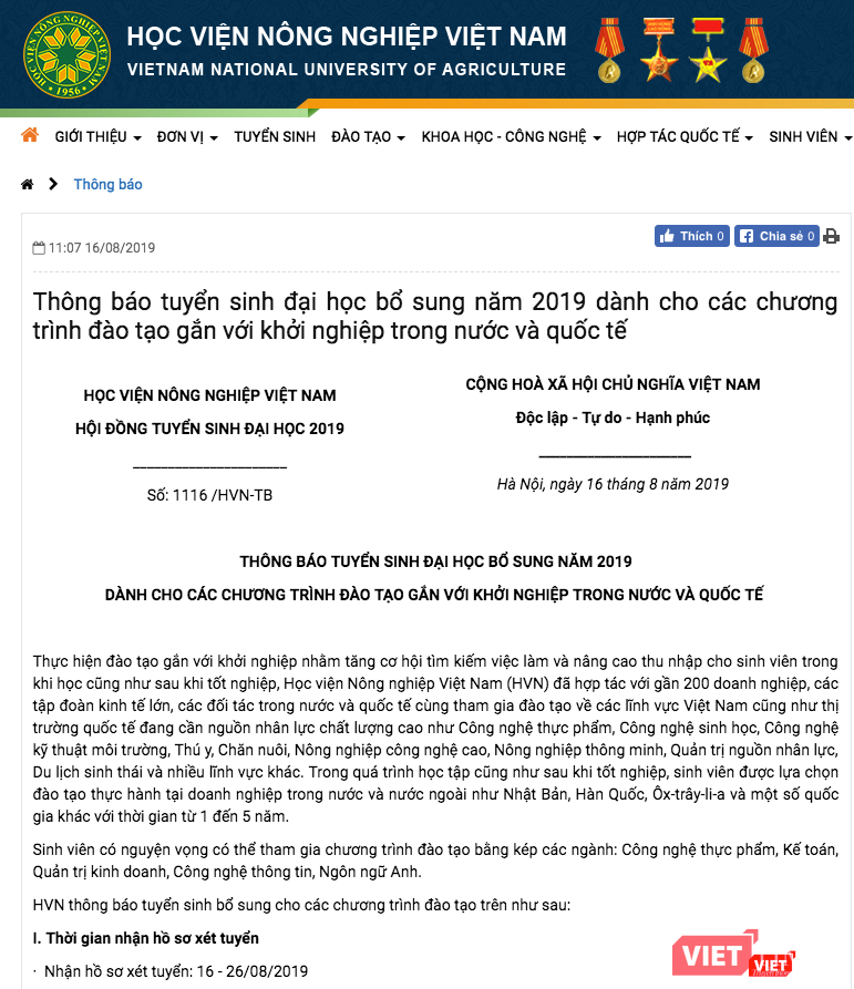 Thông báo của Học viện Nông nghiệp Việt Nam