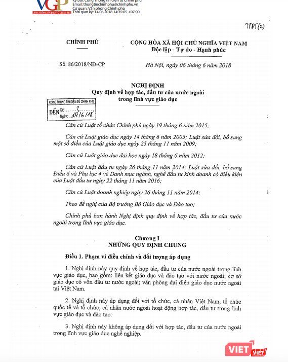 Nghị định 86/2018/NĐ-CP quy định về hợp tác đầu tư của nước ngoài trong lĩnh vực giáo dục.
