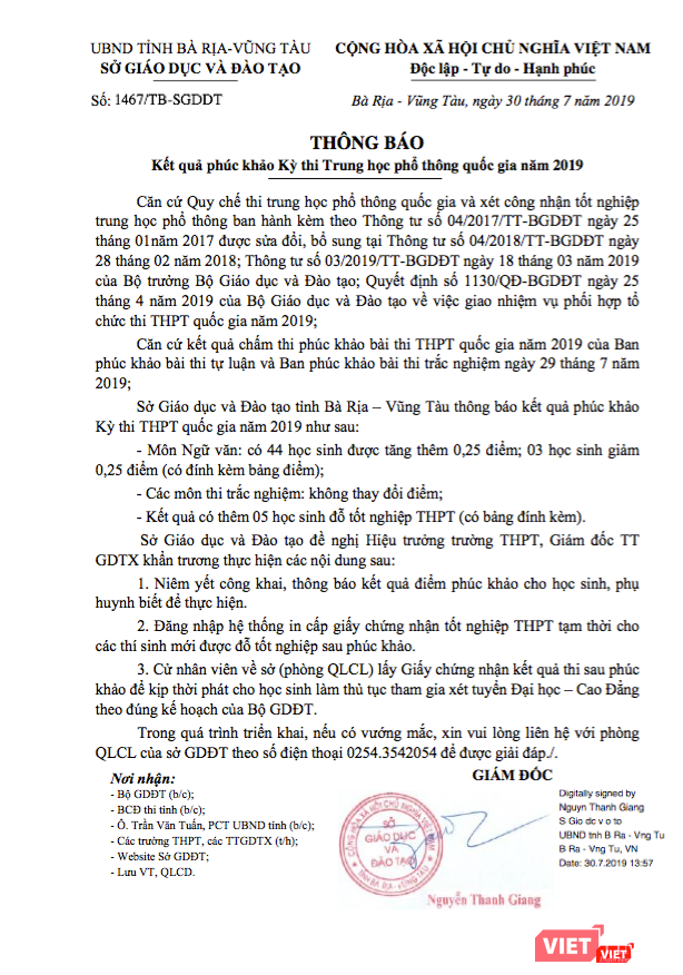 Thông báo kết quả phúc khảo kỳ thi THPT quốc gia 2019 của Sở GD&ĐT tỉnh Bà Rịa - Vũng Tàu.