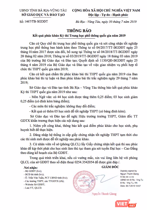 Thông báo kết quả phúc khảo kỳ thi THPT quốc gia 2019 của Sở GD&ĐT tỉnh Bà Rịa - Vũng Tàu.