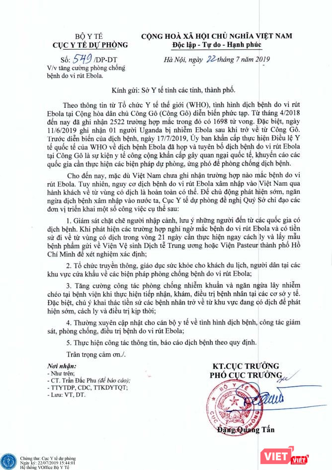 Công văn số 549/DP-DT về tăng cường phòng chống bệnh do virus Ebola