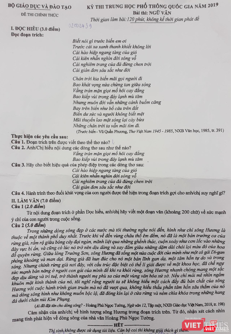 Đề thi chính thức môn Ngữ văn của kỳ thi THPT quốc gia 2019