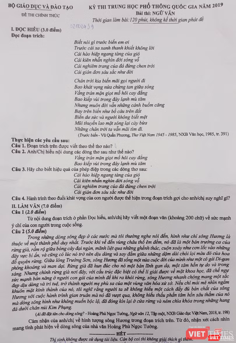 Đề thi chính thức môn Ngữ văn của kỳ thi THPT quốc gia 2019 Đề thi chính thức môn Ngữ văn của kỳ thi THPT quốc gia 2019