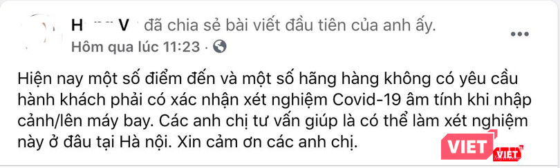 Facebook H.V. hoang mang tìm địa chỉ xét nghiệm COVID-19 ở Hà Nội (Ảnh: Minh Thúy) Facebook H.V. hoang mang tìm địa chỉ xét nghiệm COVID-19 ở Hà Nội (Ảnh: Minh Thúy)