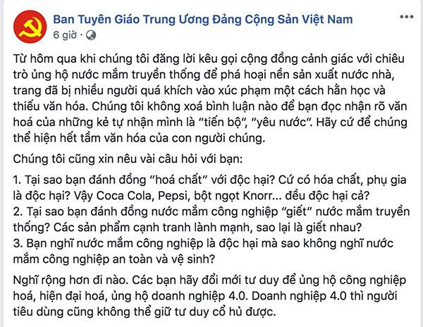 Bài viết gần đây nhất của trang Facebook mạo danh Ban Tuyên giáo Trung ương.
