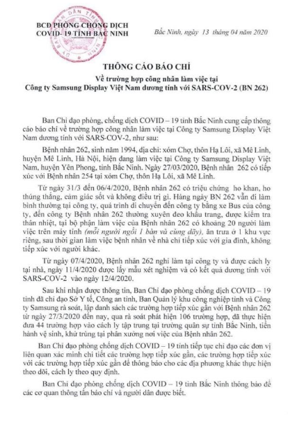 hông báo về bệnh nhân 262 mắc COVID-19. Ảnh: Ban Chỉ đạo phòng, chống dịch COVID-19 tỉnh Bắc Ninh