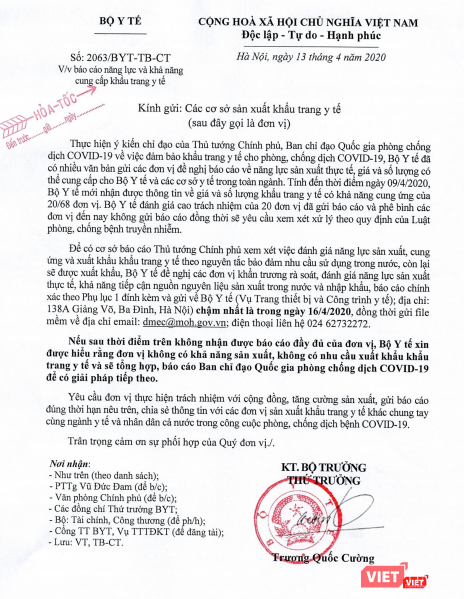 Văn bản hỏa tốc của Bộ Y tế yêu cầu các cơ sở sản xuất báo cáo năng lực và khả năng cung cấp khẩu trang y tế. Ảnh: Minh Thúy
