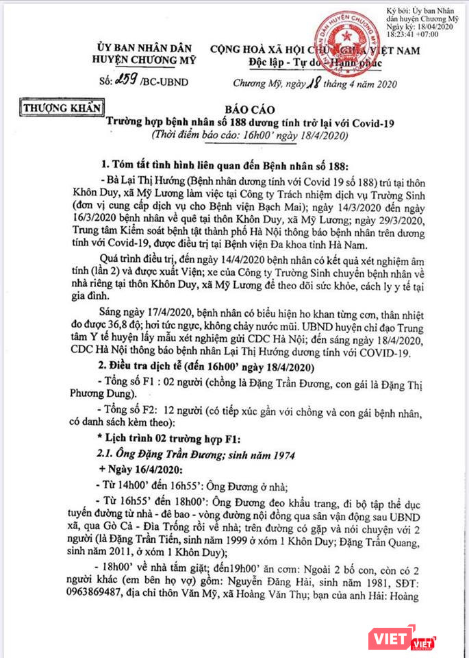 Báo cáo trường hợp bệnh nhân 188 mắc COVID-19 dương tính trở lại với virus SARS-CoV-2 của UBND huyện Chương Mỹ.