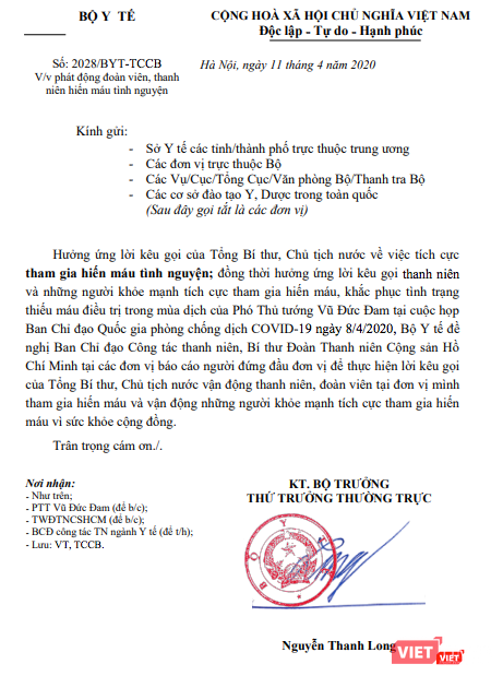 Bộ Y tế phát động đoàn viên, thanh niên hiến máu tình nguyện.