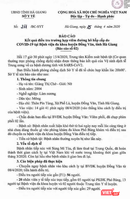 Báo cáo của Sở Y tế Hà Giang về bệnh nhân 268 mắc COVID-19. Ảnh: Minh Thúy