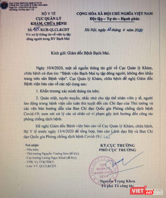Văn bản của Cục Quản lý Khám, chữa bệnh (Bộ Y tế) về việc xử lý thông tin tụ tập đông người, không đeo khẩu trang tại Bệnh viện Bạch Mai.