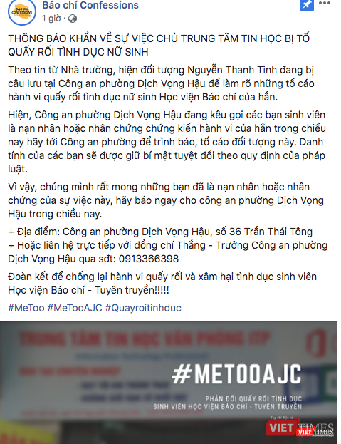 Thông báo mới nhất được đăng tải trên trang Báo chí Confessions