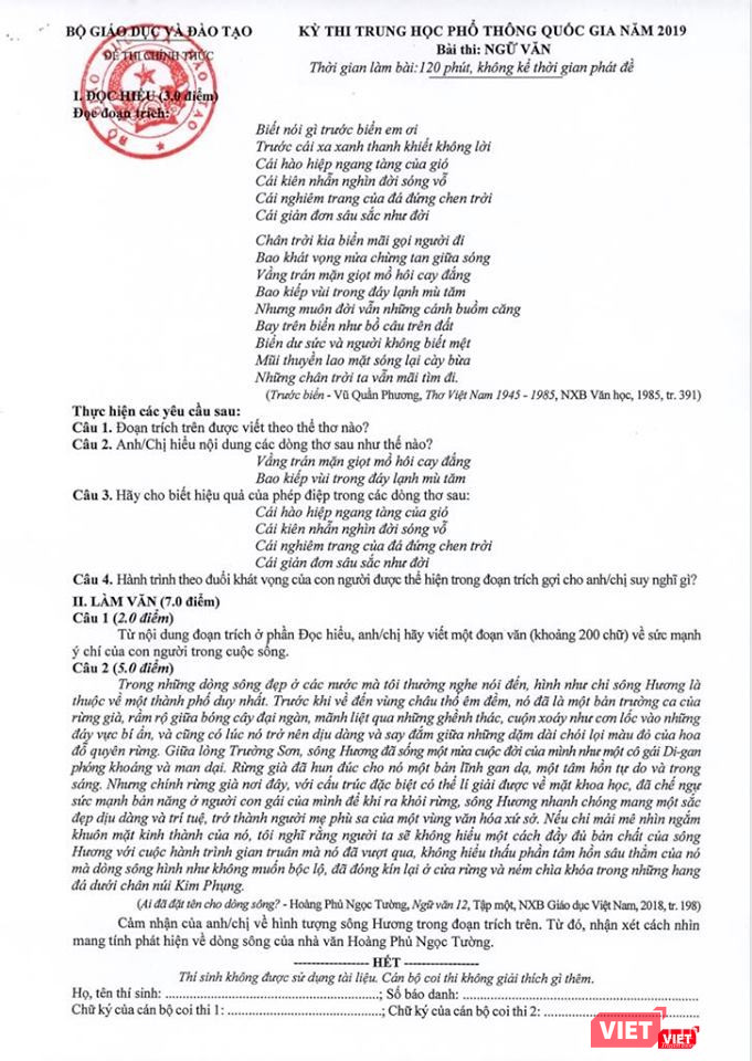 Đề thi chính thức môn Ngữ văn.