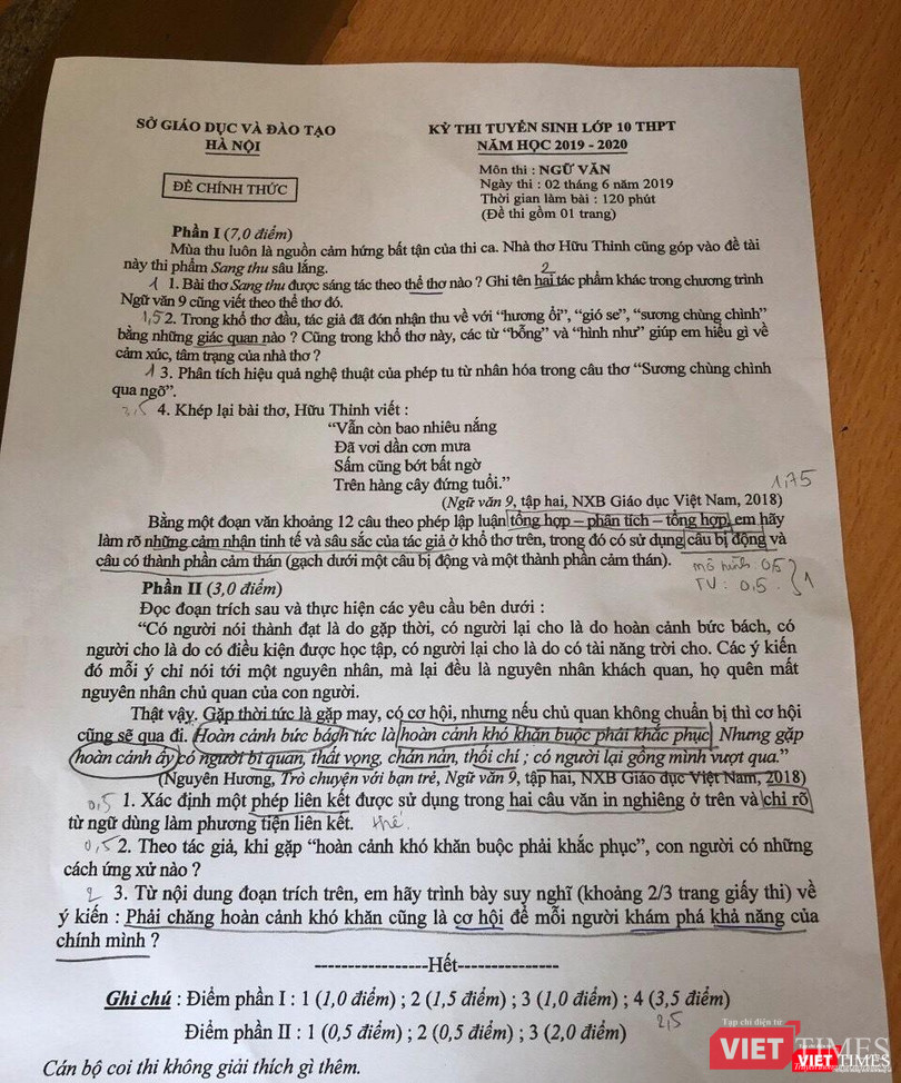 Đề thi môn ngữ văn vào lớp 10. Ảnh: Minh Thúy