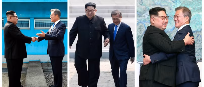 Ông Kim Jong Un và tổng thống Hàn Quốc Moon Jae-in bày tỏ tình hữu nghị. Ông Kim Jong Un và tổng thống Hàn Quốc Moon Jae-in bày tỏ tình hữu nghị.