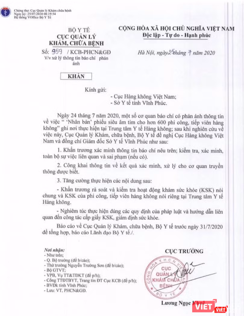 Công văn khẩn của Cục Quản lý Khám, chữa bệnh, Bộ Y tế về việc xử lý thông tin “nhân bản” 600 phiếu siêu âm tim cho phi công, tiếp viên hàng không (Ảnh: Minh Thúy)