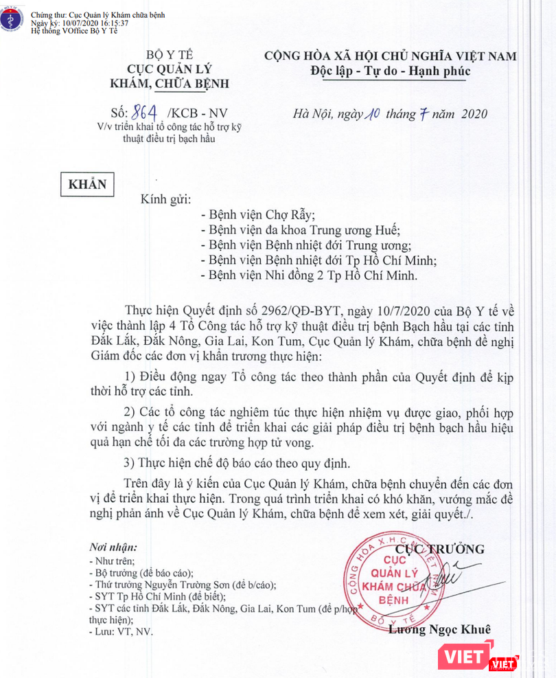 Công văn khẩn của Cục Quản lý Khám, chữa bệnh về việc triển khai tổ công tác hỗ trợ kỹ thuật điều trị bạch hầu (Ảnh: Minh Thúy)