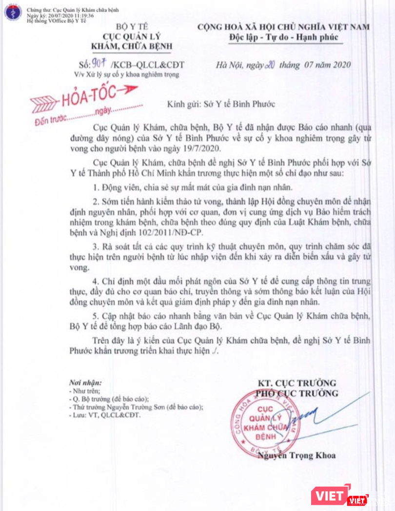 Công văn hỏa tốc của Cục Quản lý Khám, chữa bệnh, Bộ Y tế về việc xử lý sự cố y khoa nghiêm trọng (Ảnh: Thanh Hằng) Công văn hỏa tốc của Cục Quản lý Khám, chữa bệnh, Bộ Y tế về việc xử lý sự cố y khoa nghiêm trọng (Ảnh: Thanh Hằng)