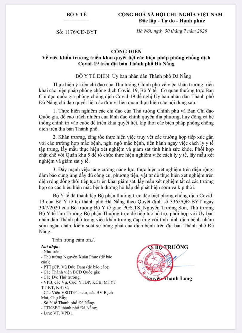Công điện của Bộ Y tế gửi UBND TP. Đà Nẵng về việc khẩn trương triển khai quyết liệt các biện pháp phòng, chống dịch COVID-19 trên địa bàn thành phố (Ảnh: Vũ Mạnh Cường)