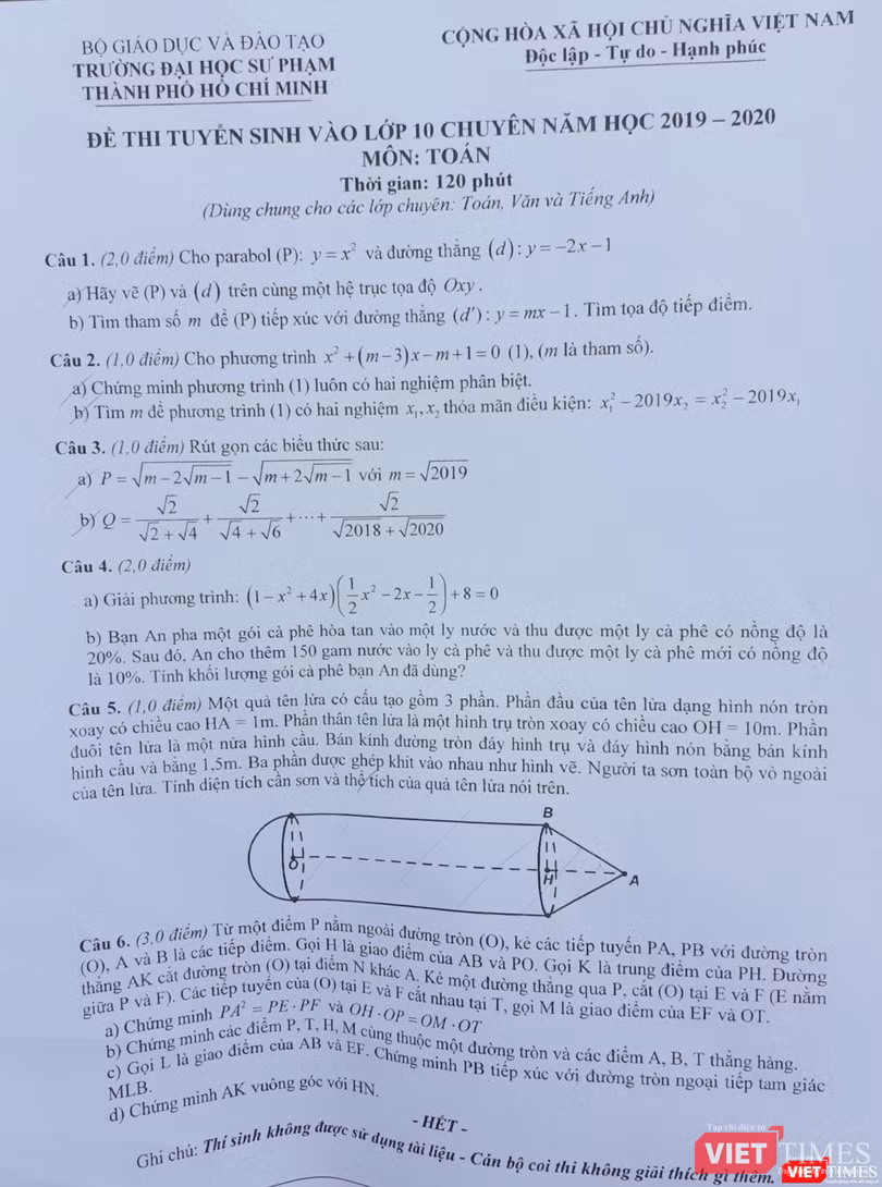 Đề thi môn Toán tuyển sinh vào lớp 10 của Trường Trung học Thực hành, ĐH Sư phạm TP.HCM