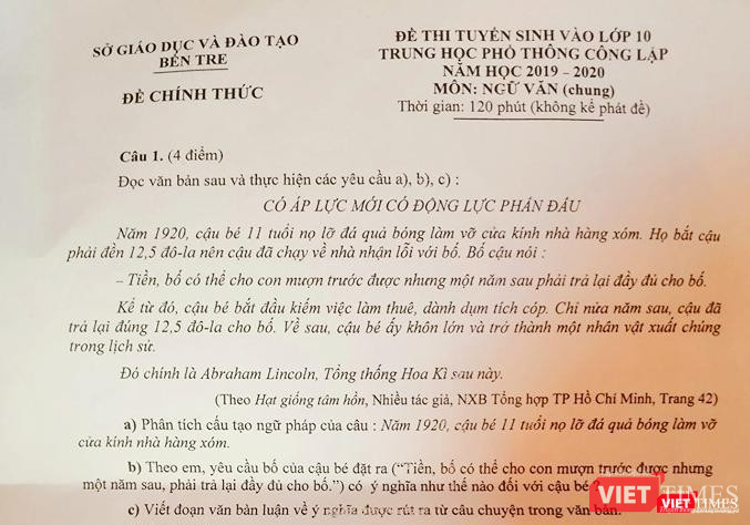 Đề thi môn Ngữ văn trong kỳ tuyển sinh lớp 10 tại Bến Tre