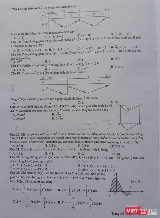 Đề thi môn Toán của kỳ thi THPT quốc gia 2019 Đề thi chính thức môn Toán của kỳ thi THPT quốc gia 2019