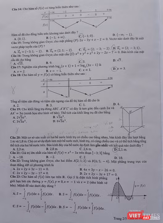 Đề thi chính thức môn Toán của kỳ thi THPT quốc gia 2019