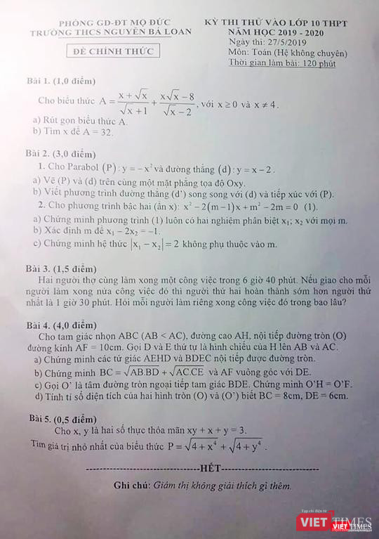 Đề thi thử Toán của trường THCS Nguyễn Bá Loan (thuộc Phòng GD&ĐT huyện Mộ Đức)
