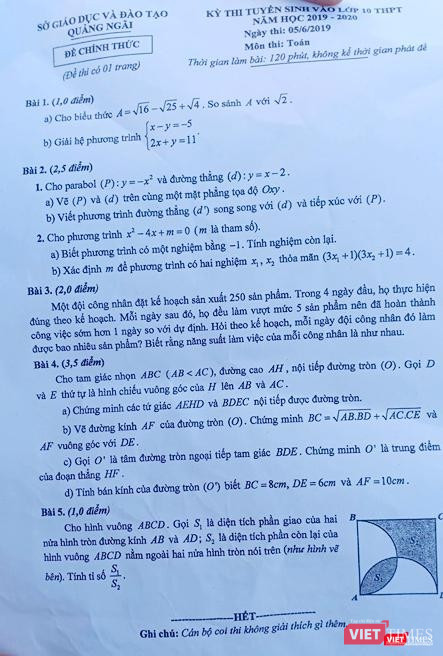 Đề thi chính thức vào lớp 10 môn Toán năm học 2019-2020 của Sở GD&ĐT tỉnh Quảng Ngãi