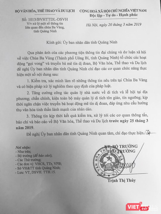 Chùa Ba Vàng bị dư luận phản ánh có hoạt động gọi vong, báo oán, giải nghiệp.