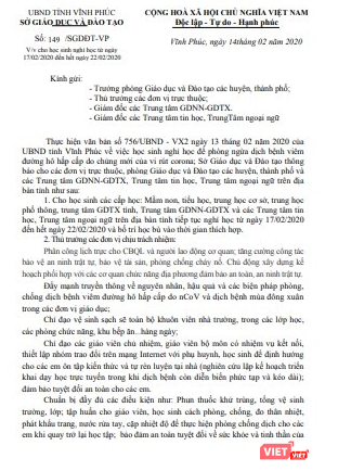 Thông báo cho học sinh tiếp tục nghỉ học của Sở GD&ĐT tỉnh Vĩnh Phúc. Ảnh: Minh Thúy Thông báo cho học sinh tiếp tục nghỉ học của Sở GD&ĐT tỉnh Vĩnh Phúc. Ảnh: Minh Thúy