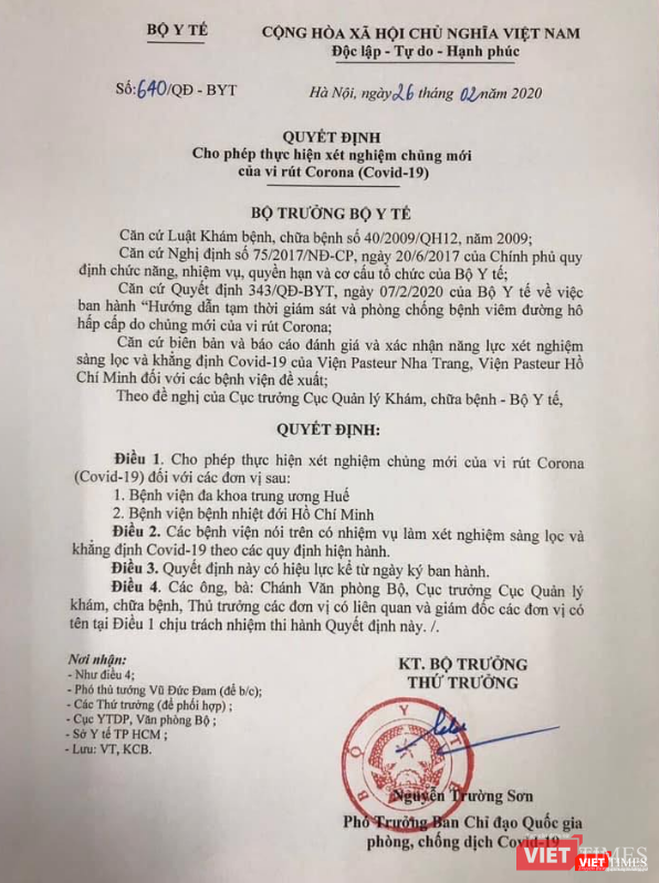 Quyết định Của Bộ Y tế cho phép 2 bệnh viện được thực hiện xét nghiệm chủng mới của virus Corona (SARS-CoV-2). Ảnh: Thanh Hằng Quyết định Của Bộ Y tế cho phép 2 bệnh viện được thực hiện xét nghiệm chủng mới của virus Corona (SARS-CoV-2). Ảnh: Thanh Hằng