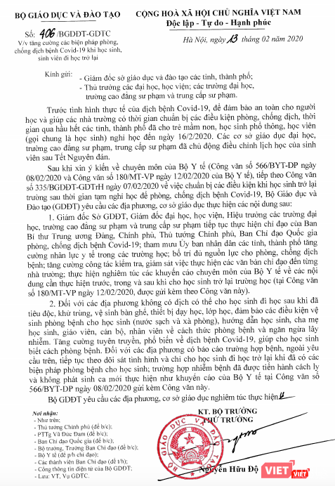 Công văn của Bộ GD&ĐT yêu cầu tăng cường các biện pháp phòng, chống dịch Covid-19 khi học sinh, sinh viên đi học trở lại. Ảnh: Minh Thúy