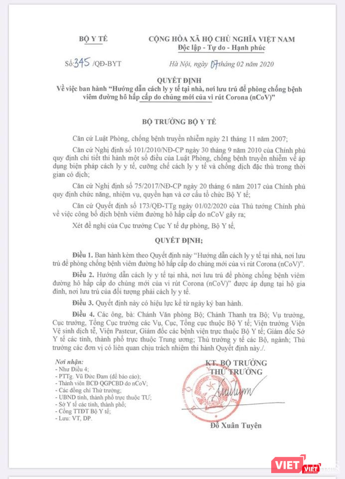 Quyết định ban hành hướng dẫn cách ly y tế tại nhà, nơi lưu trú để phòng, chống bệnh viêm đường hô hấp cấp do chủng mới của virus Corona (nCoV) của Bộ Y tế. Ảnh: BYT