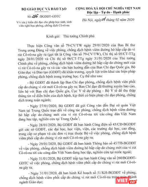 Công văn của Bộ GD&ĐT gửi Thủ tướng Chính phủ xin ý kiến chỉ đạo về việc cho phép học sinh nghỉ học để phòng chống dịch viêm đường hô hấp cấp do chủng virus Corona mới (nCoV). Ảnh: Minh Thúy