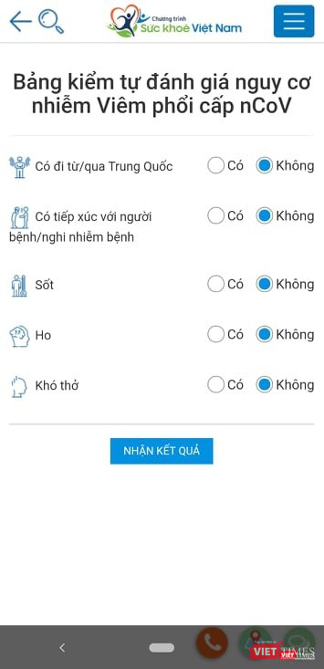 Bản kiểm tự đánh giá nguy cơ nhiễm virus Corona của ứng dụng Sức khỏe Việt Nam. Ảnh: Minh Thúy