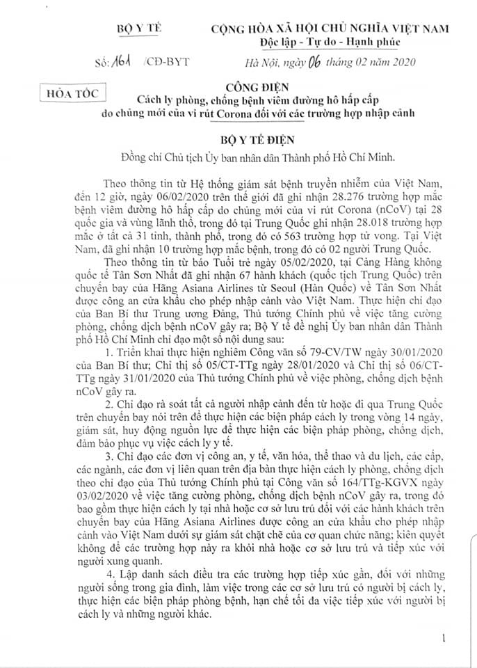 Công điện hỏa tốc của Bộ Y tếvề việc cách ly, phòng chống bệnh viêm đường hô hấp cấp do chủng mới của virus Corona (nCoV) đối với 67 hành khách Trung Quốc nhập cảnh vào Việt Nam. Ảnh: Thu Nguyệt Công điện hỏa tốc của Bộ Y tếvề việc cách ly, phòng chống bệnh viêm đường hô hấp cấp do chủng mới của virus Corona (nCoV) đối với 67 hành khách Trung Quốc nhập cảnh vào Việt Nam. Ảnh: Thu Nguyệt