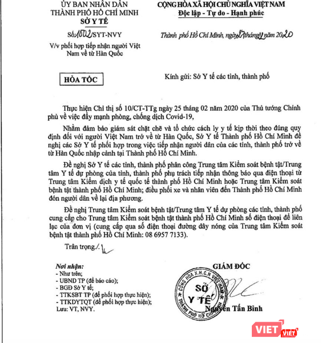 Công văn hỏa tốc của Sở Y tế TP. Hồ Chí Minh gửi Sở Y tế các tỉnh, thành phố về việc phối hợp tiếp nhận người Việt Nam về từ Hàn Quốc. Ảnh: Minh Thúy