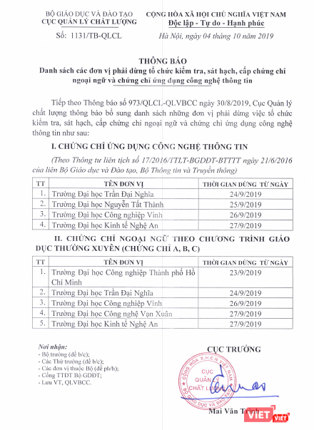 Danh sách các đơn vị phải dừng việc tổ chức kiểm tra, sát hạch, cấp chứng chỉ ngoại ngữ và chứng chỉ ứng dụng công nghệ thông tin