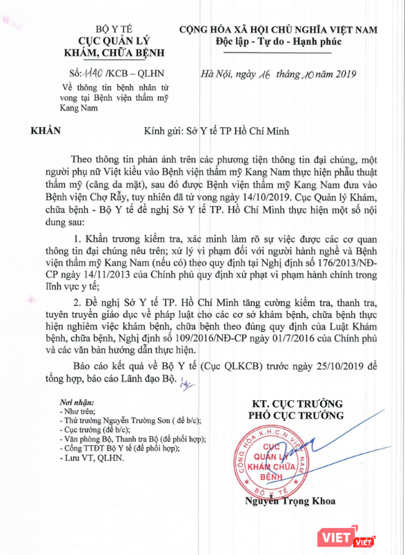 Công văn đề nghị Sở Y tế TP. Hồ Chí Minh khẩn trương kiểm tra xác minh thông tin bệnh nhân tử vong tại Bệnh viện thẩm mỹ Kang Nam.