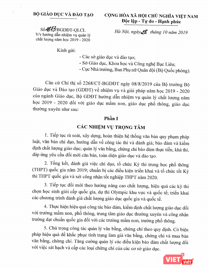 Hướng dẫn nhiệm vụ quản lý chất lượng năm học 2019 - 2020 đối với giáo dục mầm non, giáo dục phổ thông, giáo dục thường xuyên