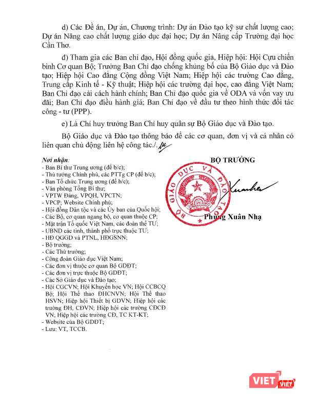 Thông báo về việc điều chỉnh phân công nhiệm vụ của lãnh đạo bộ