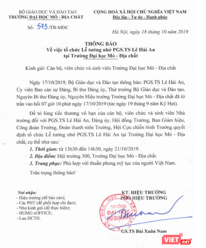 Thông báo về việc tổ chức lễ tưởng nhớ PGS.TS. Lê Hải An tại Trường Đại học Mỏ - Địa chất Thông báo về việc tổ chức lễ tưởng nhớ PGS.TS. Lê Hải An tại Trường Đại học Mỏ - Địa chất