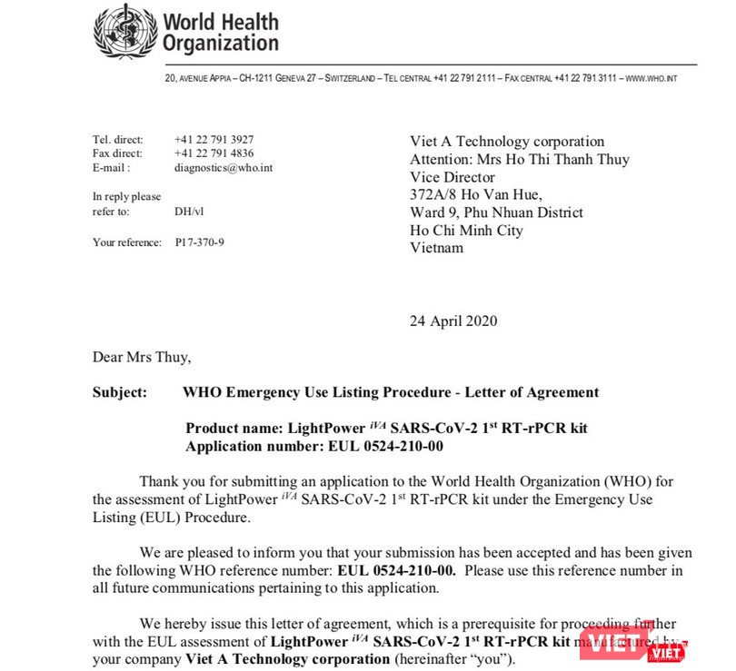 Chứng nhận của WHO về bộ Kit xét nghiệm COVID-19 của Việt Nam do Bộ Khoa học và Công nghệ giao cho Học viện Quân y và Công ty Việt Á phối hợp nghiên cứu và sản xuất.