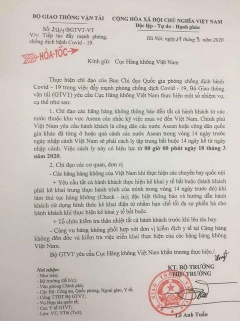 Công văn hỏa tốc của Bộ Giao thông vận tải