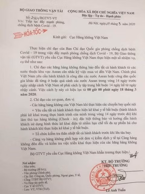 Công văn hỏa tốc của Bộ Giao thông vận tải