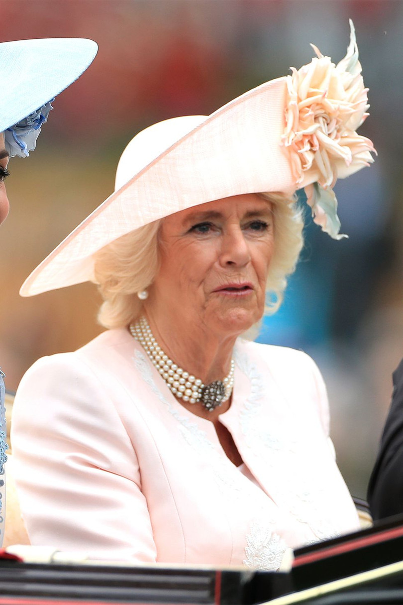 Camilla vợ Thái tử Charles, Nữ công tước xứ Cornwall trong chiếc mũ rộng vành màu hồng với điểm nhấn hoa ở phía trước.