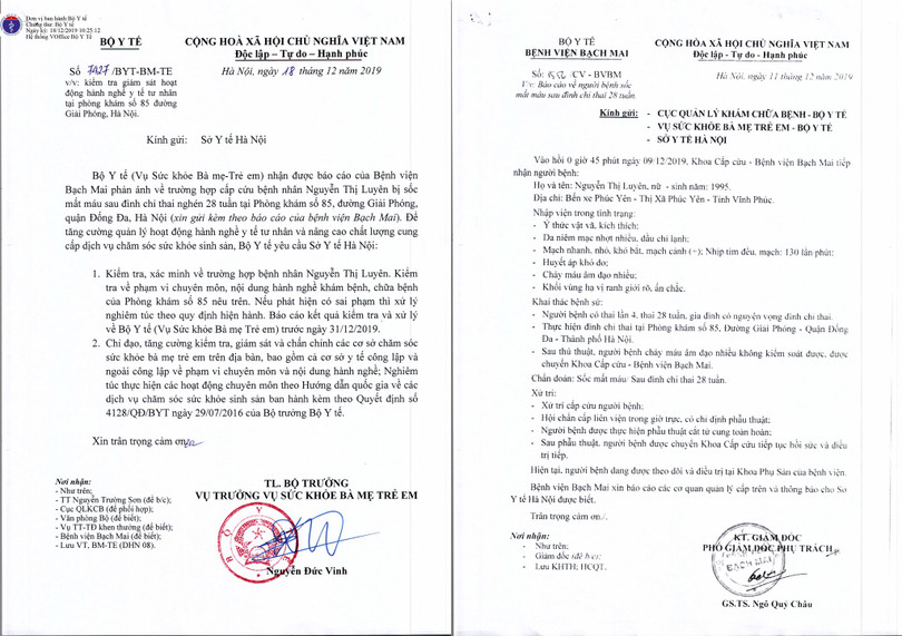 Công văn của Bộ Y tế và báo cáo của Bệnh viện Bạch Mai