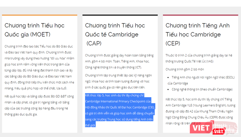 Trường hứa hẹn sẽ đào tạo học sinh thi và cấp chứng chỉ quốc tế vĩnh viễn ở cấp tiểu học trên website của trường
