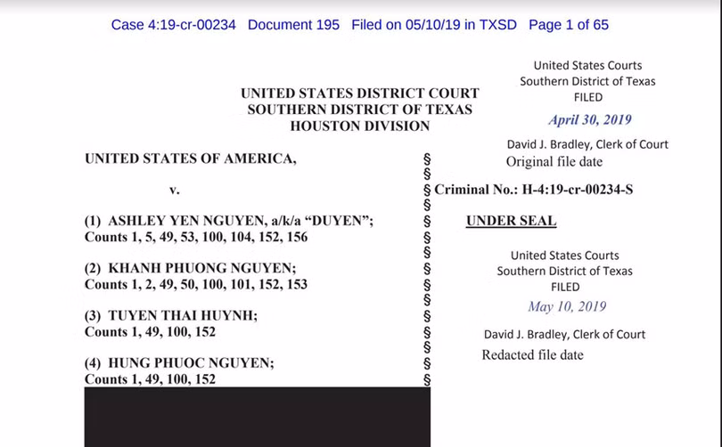 Cáo trạng của cơ quan công tố ở Houston truy tố đường dây kết hôn giả (Ảnh: Zing)